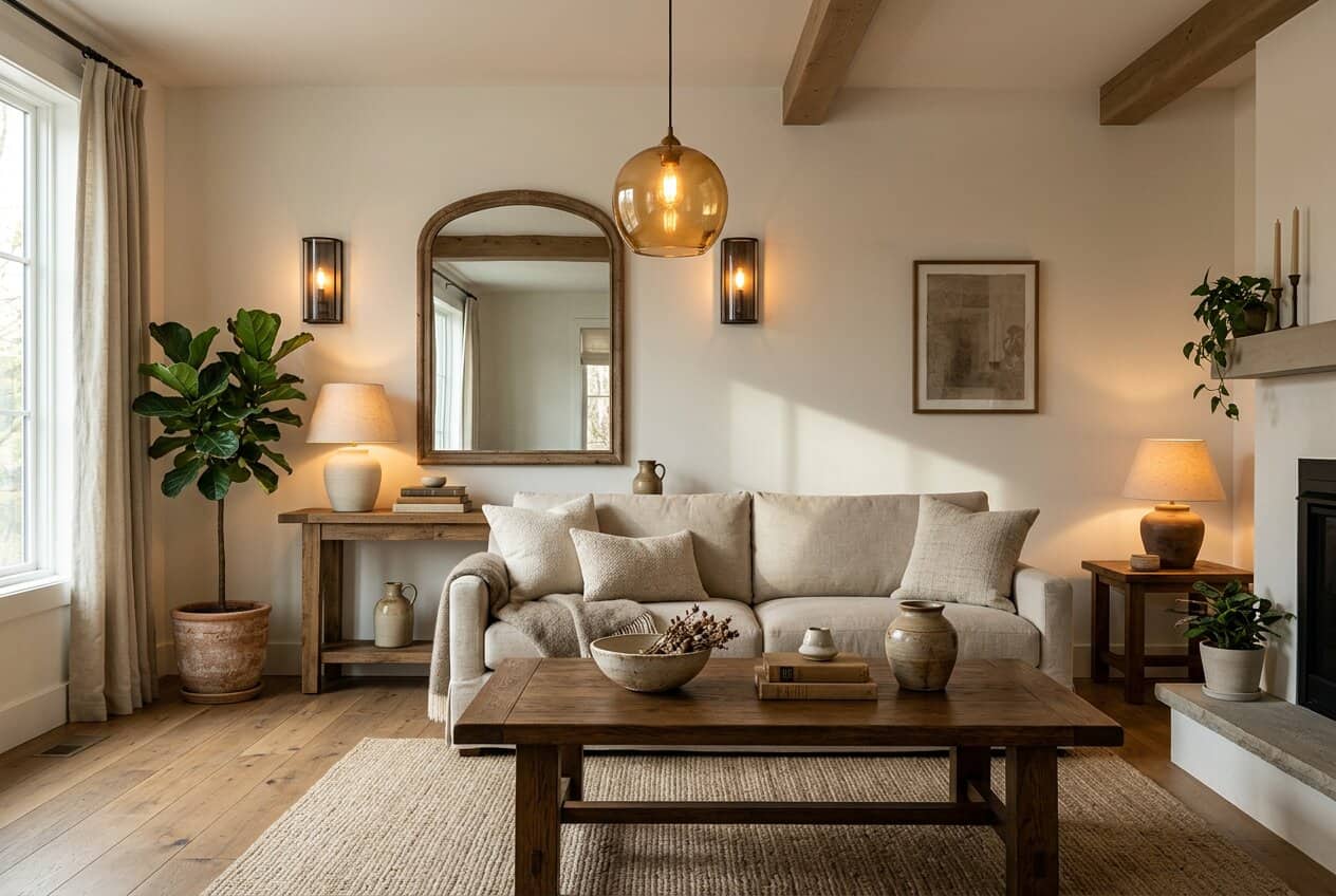Living modern farmhouse cu iluminat stratificat